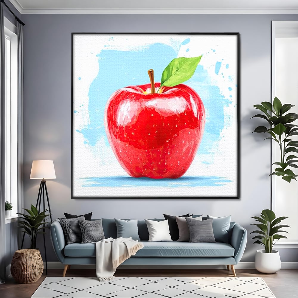 Tablou canvas cu pictura digitala cu un mar rosu, in rama de aluminiu negru, pe perete intr-un living